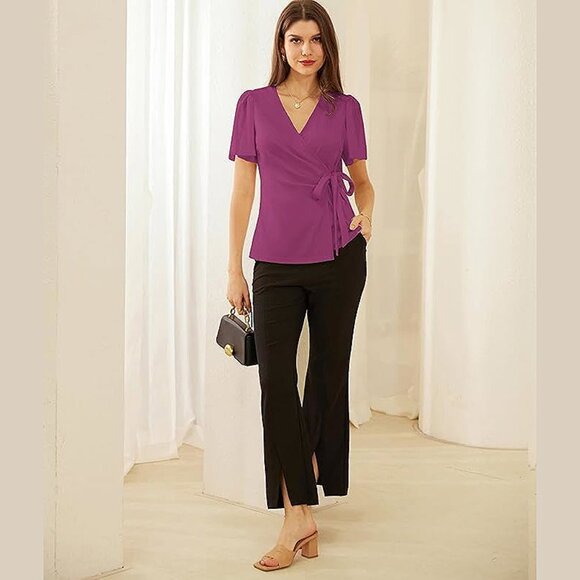 2025 Womens Summer Tops Dressy Business Casual Chiffon Short Sleeve - Picture 6 of 7